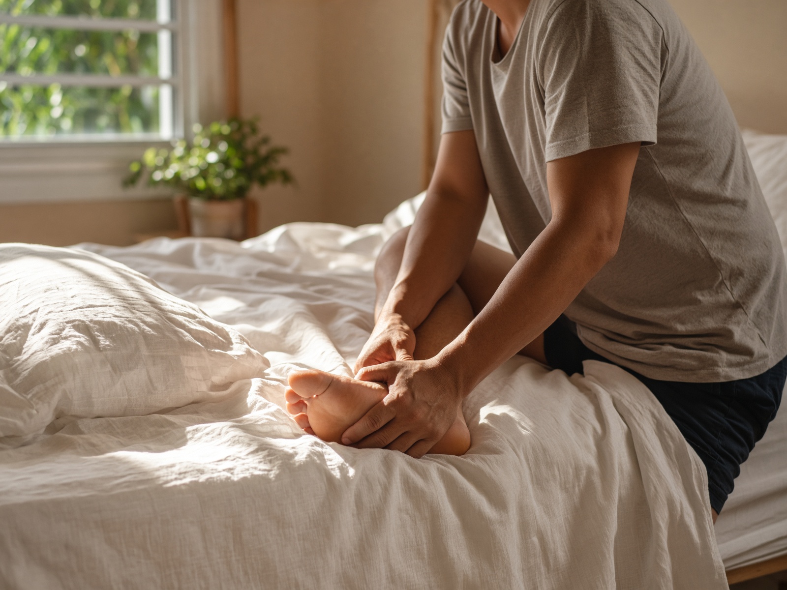 Person sitting on the edge of a bed holding a painful heel in morning light