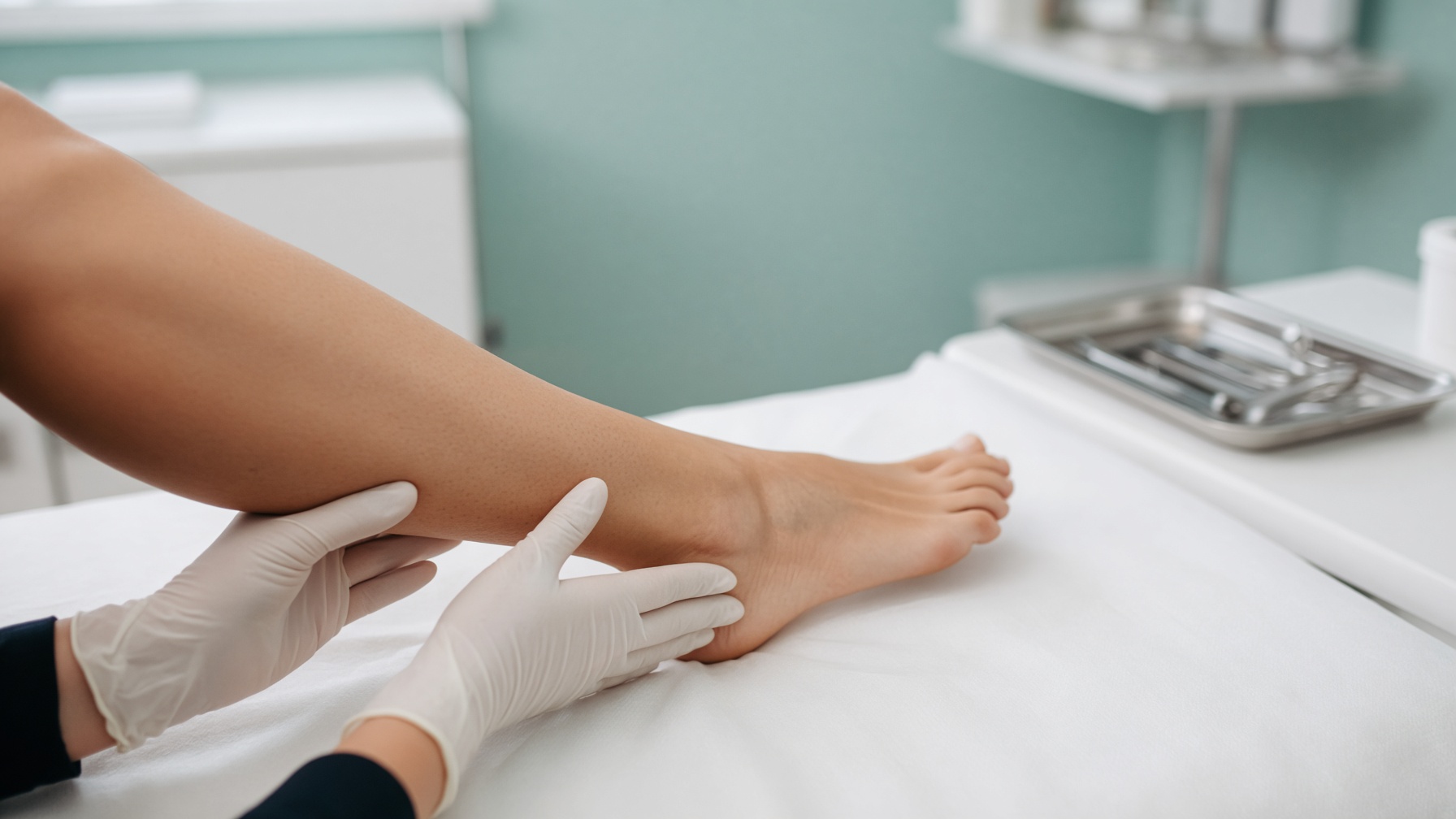 Clinician supporting a patient’s ankle on the exam table during a regenerative tissue visit