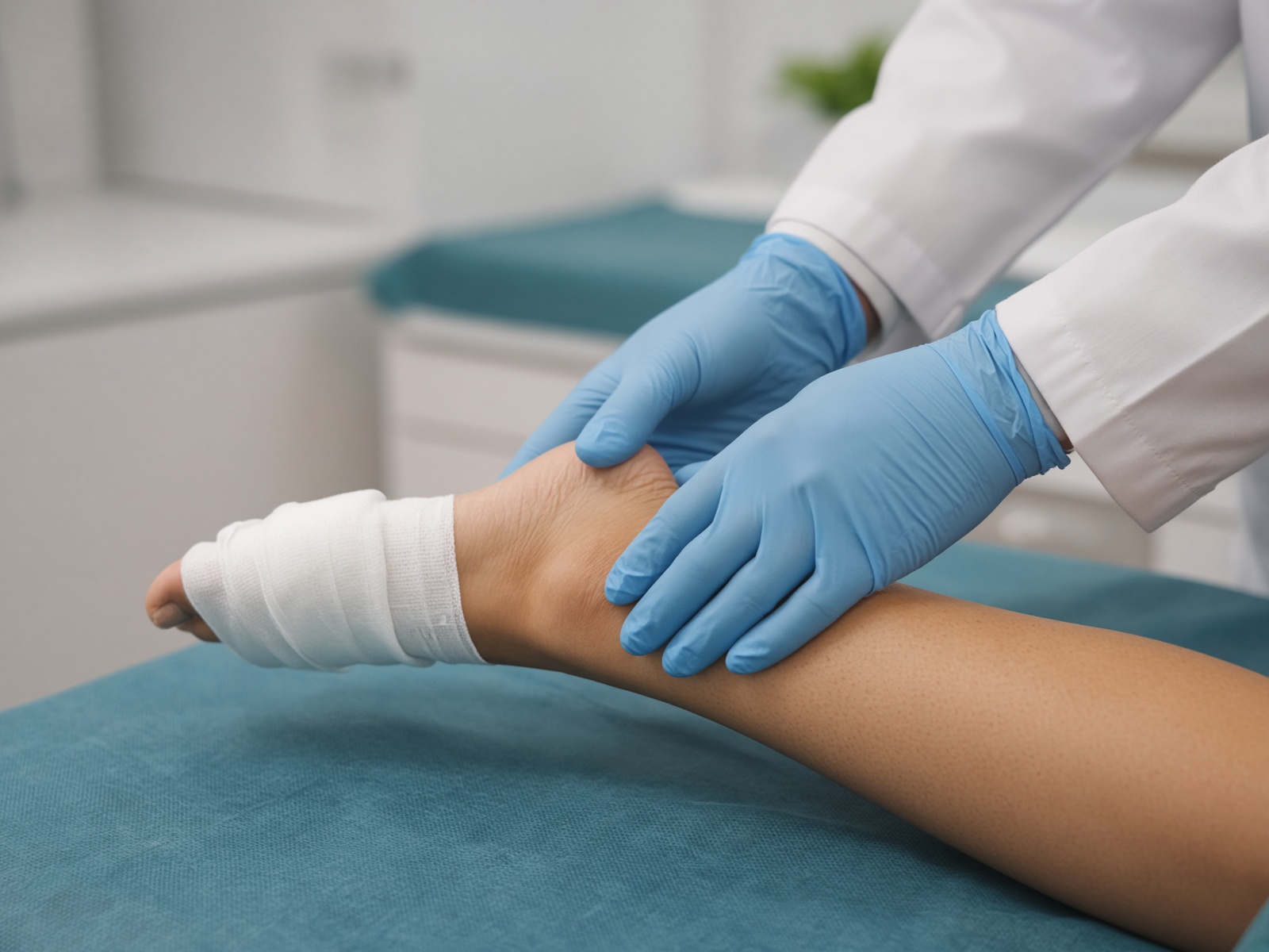 Clinician in gloves examining a lower leg with clean dressings in a wound-care clinic